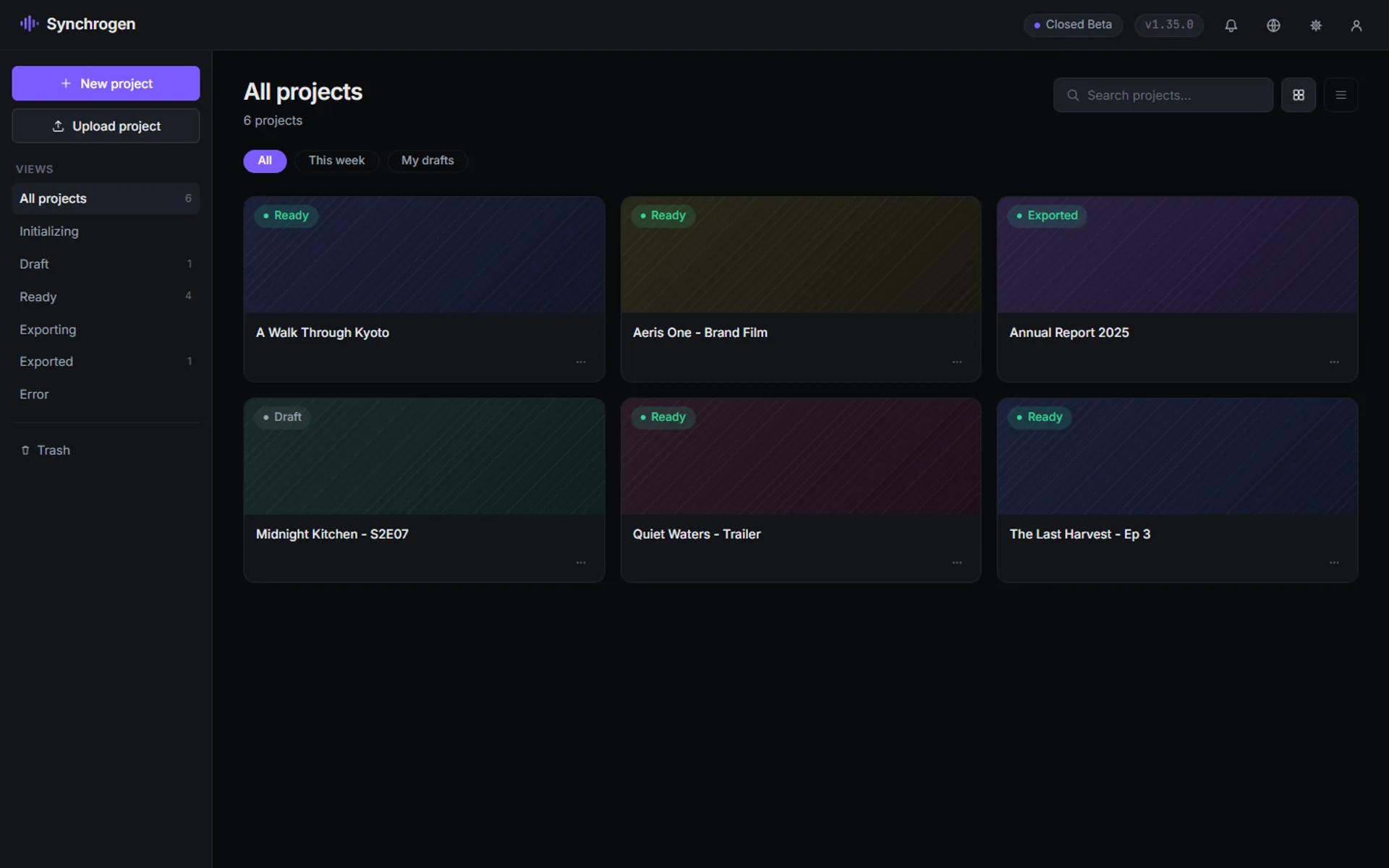 Synchrogen desktop app: Your project catalogue.